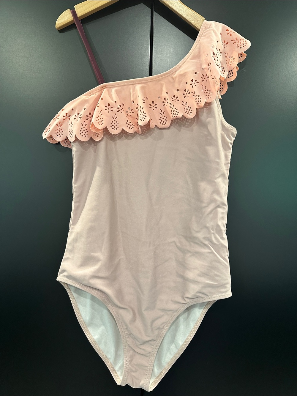 Molo Girls Rose Sand One Shoulder Pineapple‎ Eyelet Ruffle Swimsuit Size 164